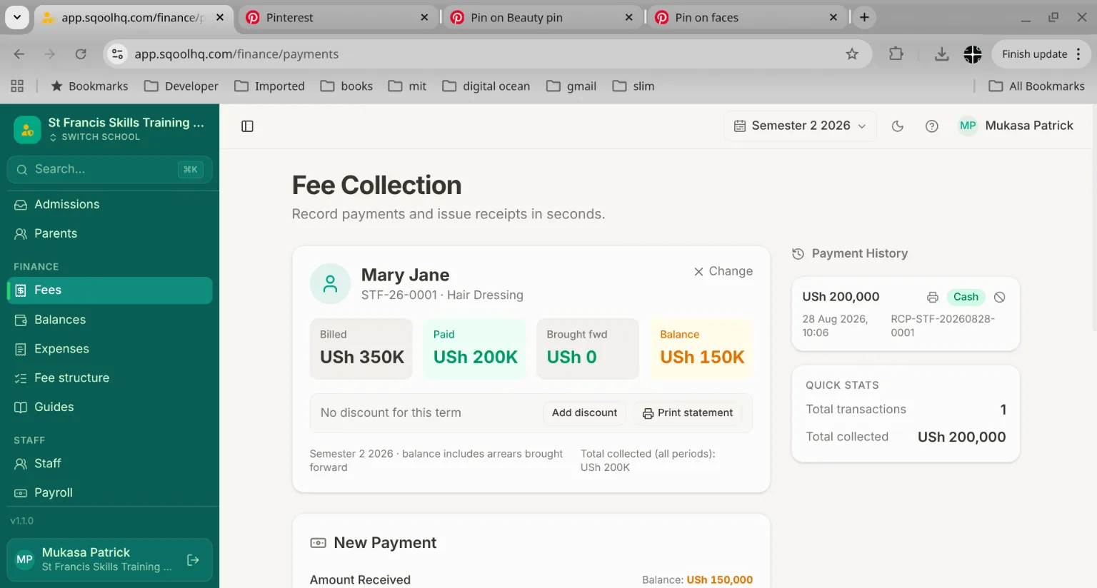 SqoolHQ gradebook with mark entry grid and automatic calculations