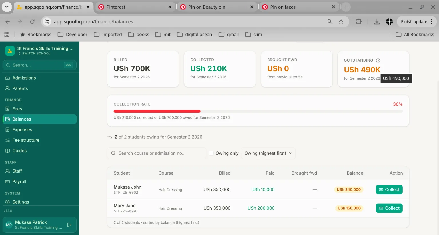 SqoolHQ fee tracking dashboard showing student balances and payment records