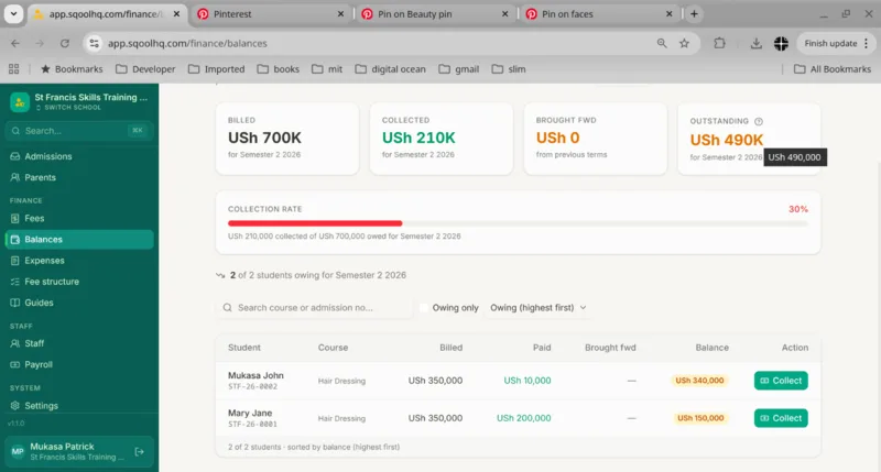 Fee tracking dashboard showing student balances